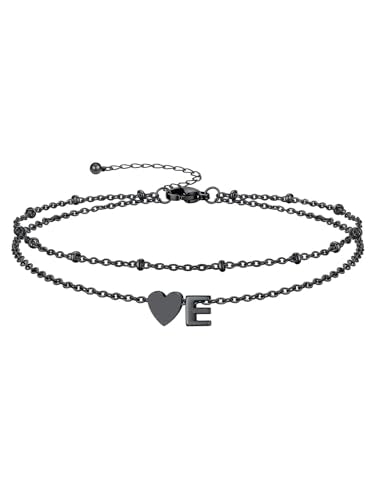 Silvora Ankle Bracelets for Women Waterproof 14K Gold/Silver/Black Initial Anklet for Women Dainty Layered Heart Ankle Bracelets Stainless Steel Adjustable Foot Chain Anklet Summer Beach Jewelry - color: E-Black