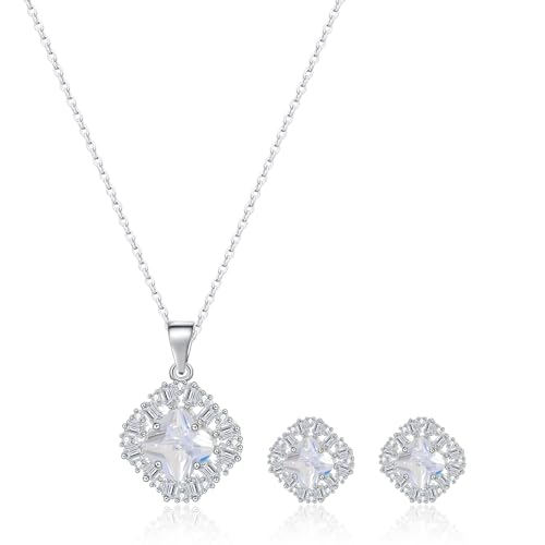 14K Gold Plated | 14K Platinum Plated Necklace for Women Necklace Earrings Set with Sparkling Zircon Inlay and Silver Post Earrings - color: Zircon square three-leaf flower set silver
