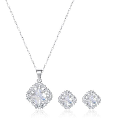 14K Gold Plated | 14K Platinum Plated Necklace for Women Necklace Earrings Set with Sparkling Zircon Inlay and Silver Post Earrings - color: Zircon square three-leaf flower set silver