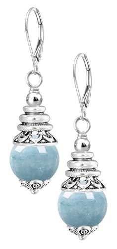 Natural 10mm Stone Beads Drop Earrings,Retro Silver Round Quartz Crystal Gemstone Beads Dangle Earrings for Women - color: A08_Aquamarine