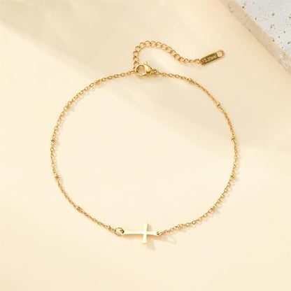 Gold Anklet for Women 18K Gold Plated Daisy Pearl CZ Foot Chain Star Flower Cross Ankle Bracelet Dainty Waterproof Beach foot jewelry for women sexy - color: Cross Beads-Gold