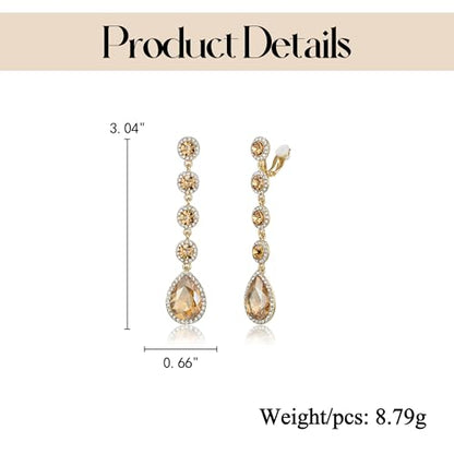 EleQueen Women's Wedding Crystal Teardrop Pear Shape 3 Inch Clip on Long Dangle Earrings for Bride Bridesmaid, Jewelry for Party Prom/Anniversary - color: Brown Silver-Tone