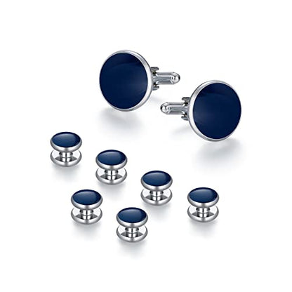 wynameleri Mens Cufflinks and Studs Set Blanks Round 4 Colors Shirt Tuxedo Buttons Packed in Cufflink Box for Business Wedding Jewelry - color: Navy Blue