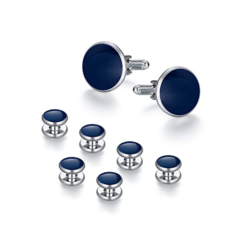 wynameleri Mens Cufflinks and Studs Set Blanks Round 4 Colors Shirt Tuxedo Buttons Packed in Cufflink Box for Business Wedding Jewelry - color: Navy Blue