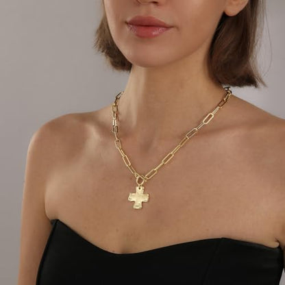 Chunky Cross Necklace for Women Trendy 14K Gold Silver Plated Statement Big Cross Pendant Paperclip Chain Charm Necklaces Religious Faith Easter Basket Stuffers Baptism Costume Jewelry Gift - color: Gold-Toggle-1 inch pendant