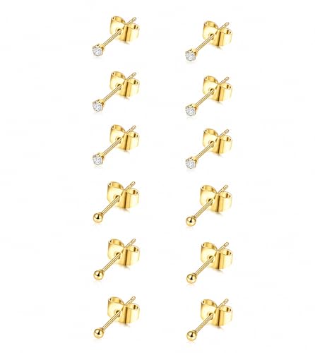 20G Hypoallergenic Surgical Steel Square Pearl Ball CZ Flat Back Stud Earrings for Sensitive Ear, Lightweight Shiny Earrings Studs for Helix Tragus Cartilage Multiple Piercing - color: Gold-O