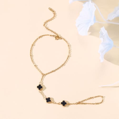 Hand Chain Bracelets for Women 14K Gold Plated Dainty Link Bracelet Bracelets Trendy Ring Bracelet Birthday Jewelry Gifts for Women - style: Black Clover