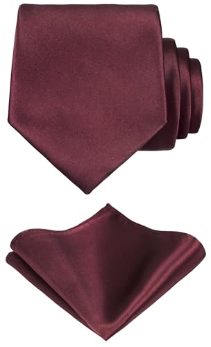 TIE G Solid Satin Woven dyed Color Formal Black Necktie and Pocket Square Sets in Gift Box - color: Maroon Burgundy