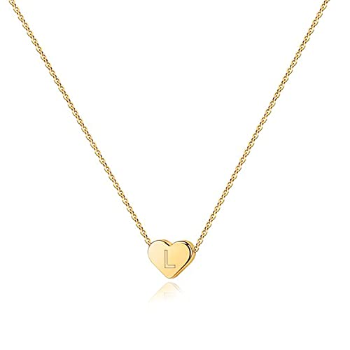 PAVOI 14K Gold Plated Tiny Heart Necklace | Dainty Necklace for Women | Personalized Letter Heart Choker | Adjustable Slider - style: - L