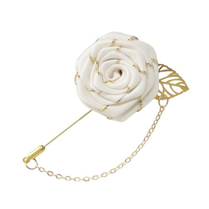 "yueton 1 Pack Men White Rose Flower Gold Leaf Brooch Men Suits Lapel Pin Bridegroom Floral Pins Simple White Flower Brooch for Wedding, Party"