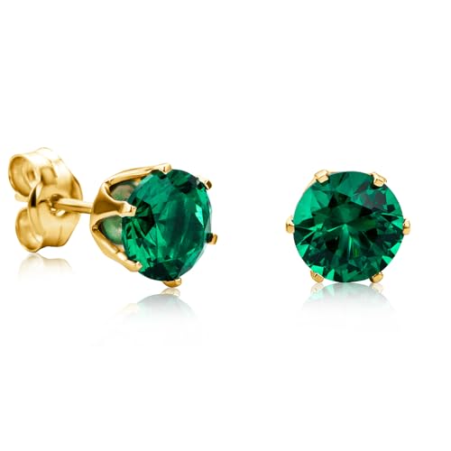 Orovi Round 14K Gold Earrings for Women in Solid 14K White Gold 585/14K Yellow Gold 585 with Ruby/Sapphire/Zirconia/Emerald Gemstones, Stud Earrings For Women,Women's Jewelry Delivered in Jewelry Box - color: 14K Yellow Gold/ Emerald