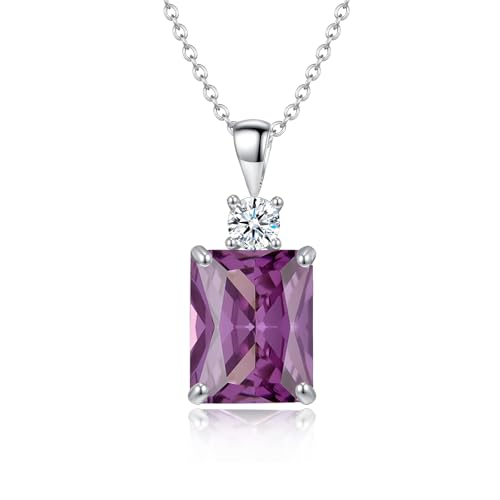 CiNily Rectangular Crystal Necklace for Women Trendy, Pendant Necklace with Chain 14K White Gold | Gold Plated Multicolor Birthstone Pendant Necklaces Boho Jewelry for Christmas Birthday Wedding - color: Silver-Purple cz