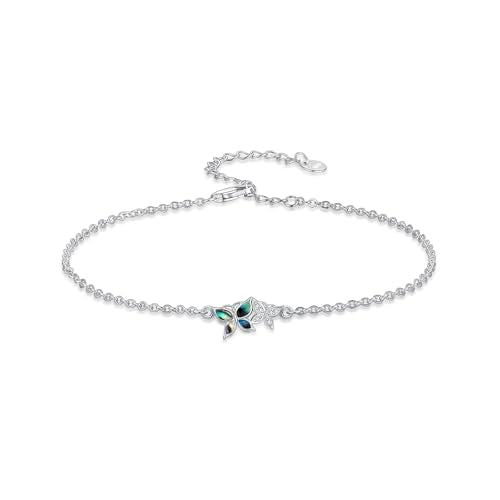 925 Sterling Silver Anklet Foot Bracelet with Crystal from Austria, Anklet Jewelry Gifts for Women 11 Inch Adjustable - style: Abalone Butterfly