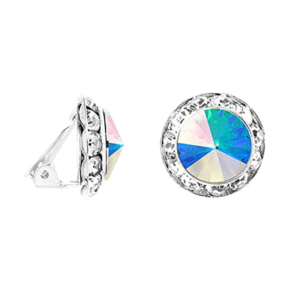 Rosemarie & Jubalee Women's Timeless Classic Statement Clip On Halo Earrings Made With Premium Crystals - color: 15mm, AB Crystal Silver Tone