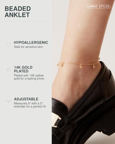 PAVOI 14K Gold Plated Anklet for Women - Trendy Link Chain Ankle Bracelet Summer Jewelry - Boho Dainty Anklets with Cubic Zirconia, Beaded, Evil Eye, Star, Station, Pearls Adjustable Gold Jewelry - style: Dot