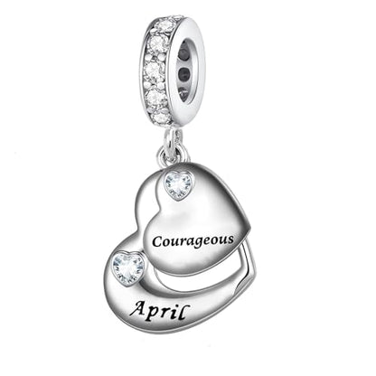 Double Heart Dangle Charm 12 Birthstone Bead for European Bracelet - style: April