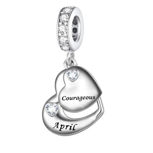 Double Heart Dangle Charm 12 Birthstone Bead for European Bracelet - style: April