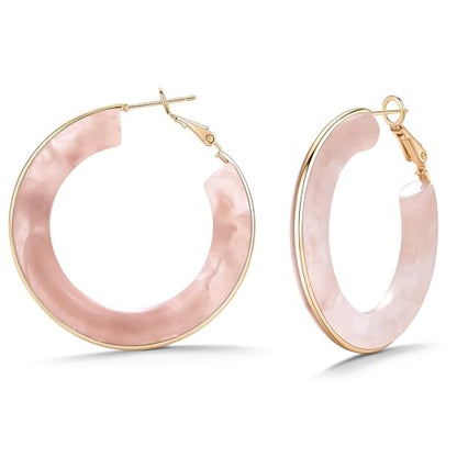 Chunky Gold Resin Hoop Earrings Leverback Statement Huggie Hoops Dangle Drop Dressy Earring Prom Festival Vacation Jewelry for Women - color: Pink, size: Hoop