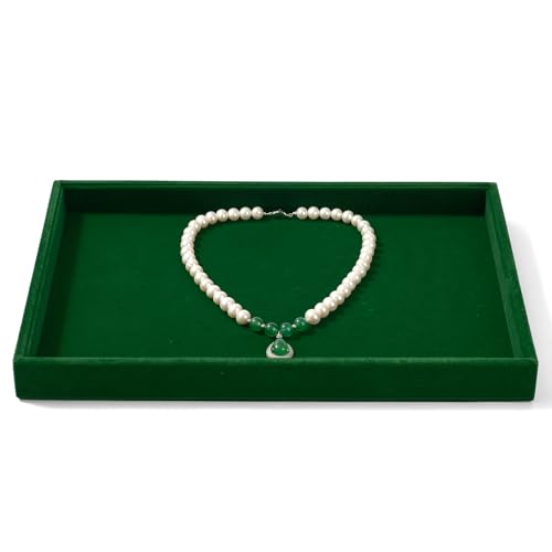 Flat Velvet Jewelry Display Tray for Dresser & Retail Green | No Compartment Design, Large Open Space, Stackable, For Ring Necklace Bracelet Watch Earring Bangle - size: 1 Grid