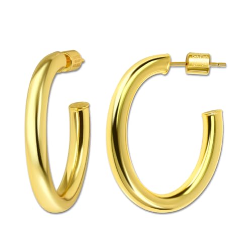 18K Gold Plated Sterling Silver Earrings for Women – Pure & Polished, Twist, Square, Hinged Tube, Abstract & Heart Shape Hoops – Lightweight, Hypoallergenic, Non-Tarnish Jewelry (Sizes: 3x35mm-46x30mm) - color: Gold, size: Polish Hoop (4x35x40mm)