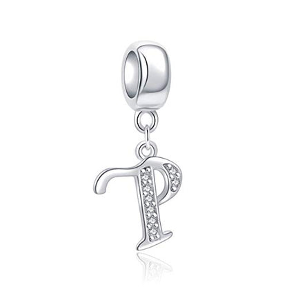 925 Sterling Silver Charms Alphabet Beads fit Pandora Charm Bracelets A-Z Letter Initial Spacer Dangle Clear CZ Stone Authentic for Snake Chain Bracelets - color: P
