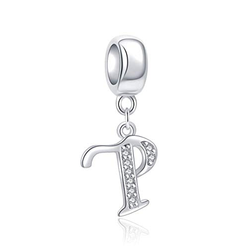 925 Sterling Silver Charms Alphabet Beads fit Pandora Charm Bracelets A-Z Letter Initial Spacer Dangle Clear CZ Stone Authentic for Snake Chain Bracelets - color: P