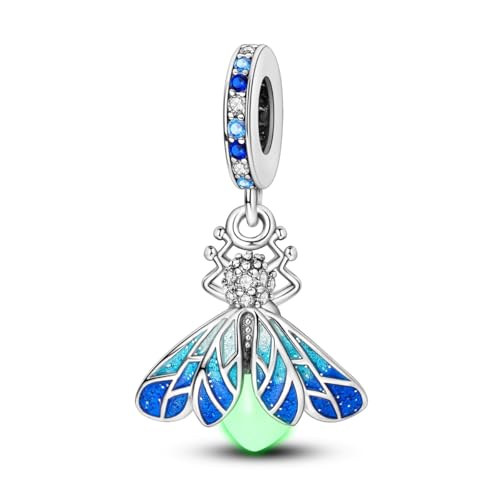 Hapour 925 Sterling Silver Charms for Bracelet Necklace Dangle Pendant Bead | Bear Charm, Elephant Zebra Cat Dream catcher Family Birthday European Jewelry Charm, For Women Mom - color: Blue Glow-in-the-dark Fireflies