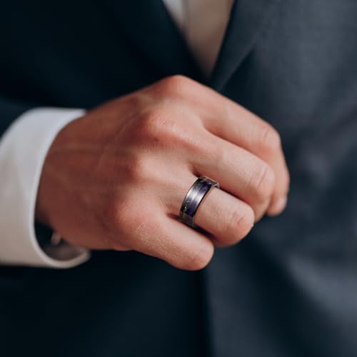 King Will Tungsten Rings for Men with Galaxy Shell Sand Meteorite Inlay | Black, 8mm, Brushed, Pipe Cut, Shell inlay, Everyday Wear - color: Black Purple