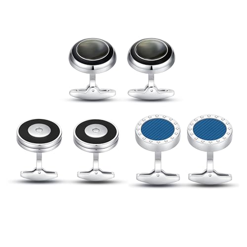 Cufflinks for Men, Stainless Steel Classic Black Pearl, Blue Carbon Fiber CuffLinks men's accessories, Great Gift for Father, Husband - style: 3 pairs-A