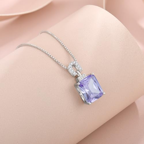 Emerald Cut Birthstone Necklace for Women 925 Sterling Silver | Baguette Birthstone Pendant Necklace, Jewelry for Mom Wife - color: Lavender