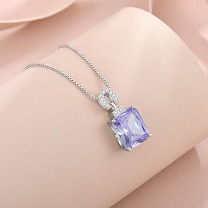 Emerald Cut Birthstone Necklace for Women 925 Sterling Silver | Baguette Birthstone Pendant Necklace, Jewelry for Mom Wife - color: Lavender