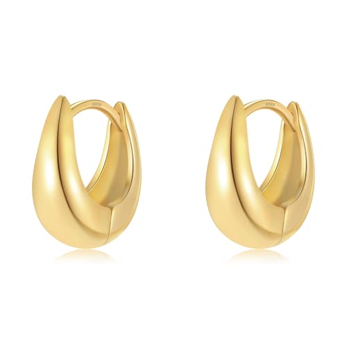 Trendy Small Chunky Hoops Teardrop Huggie Earrings for Women | 925 Sterling Silver Post, 14k Gold or Silver Plated, Hypoallergenic, Oval Thick Hoop Earrings for Women - color: Gold, size: Mini