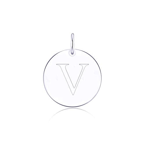 Sterling Silver Mini Initial Disc Round Charm Pendant for Women - color: V