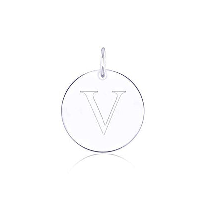 Sterling Silver Mini Initial Disc Round Charm Pendant for Women - color: V