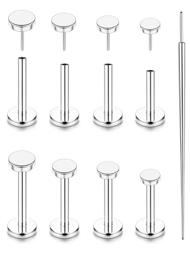 YADOCA Threadless Flat Back Earrings Gold Nose Studs Surgical Steel | Push-in flat back design for cartilage tragus helix conch and medusa piercings, gold plated stainless steel studs - color: Silver Round, size: 20G(0.8MM)