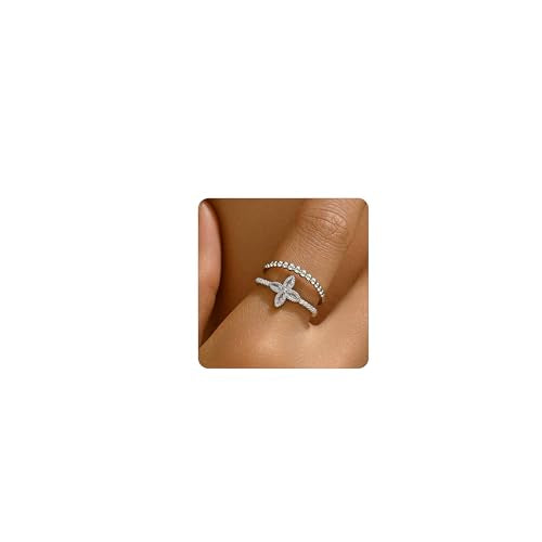 Adjustable Rings for Women 18K Gold Plated daisy Flower Butterfly Ball Cubic Zirconia Rings Dainty Open Stacking Ring - color: Flower CZ-White Gold