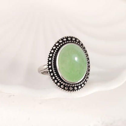 Natural Oval Stone Boho Ring,Retro Antique S925 Sterling Silver Crystal Quartz Gemstone Bohemian Statement Handmade Ring Jewelry for Women Her - color: B01_Dongling Jade
