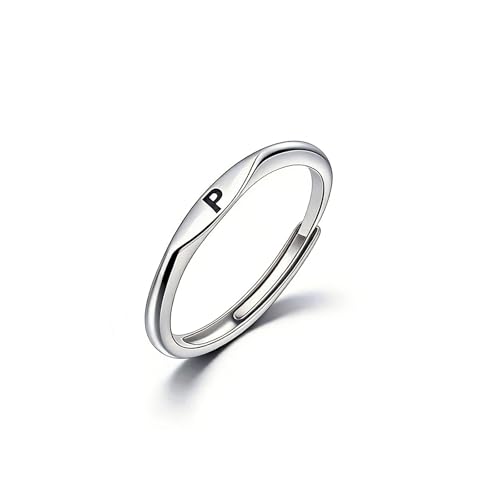 Thin Stacking Initial Rings for Women Stackable Plain Letter Ring Open Adjustable Silver Capital Alphabet Letter Band Ring - color: P