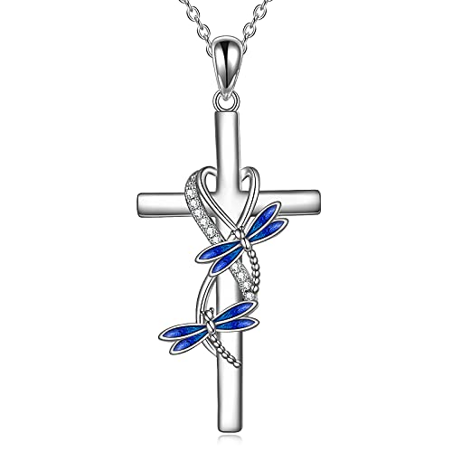 POPLYKE Cross Necklace for Women 925 Sterling Silver Cross Pendant Necklace Animal Jewelry Christmas Gifts for Women Mother Grandma - style: Dragonfly