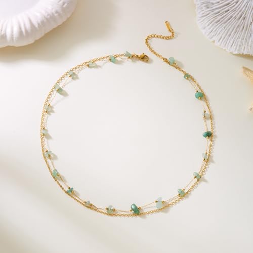 Harlermoon Natural Stone Layered Necklace for Women - 18K Gold Plated Stainless Steel Dainty Beaded Choker, Waterproof Tarnish Resistant Boho Summer Beach Jewelry Gift Box - color: Green
