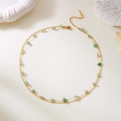 Harlermoon Natural Stone Layered Necklace for Women - 18K Gold Plated Stainless Steel Dainty Beaded Choker, Waterproof Tarnish Resistant Boho Summer Beach Jewelry Gift Box - color: Green