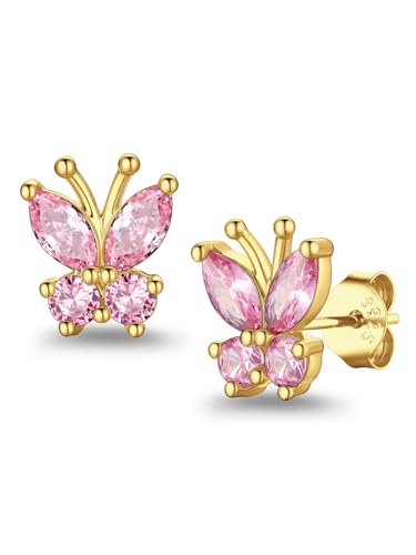 Suplight Butterfly Stud Earrings 925 Sterling Silver 14K Gold Brithstone Earrings for Women Brithstone Jewelry Gifts - color: 10.October ( Pink Tourmaline), size: Gold