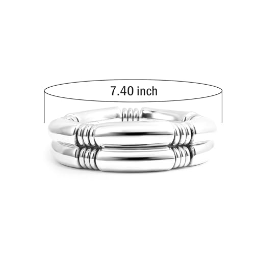 Gold Chunky Bangles Bracelets For Women 14k Gold Plated Stack Layered Curved Bamboo Tube Stretch Bracelets Gift Jewelry - color: 2pcs Silver