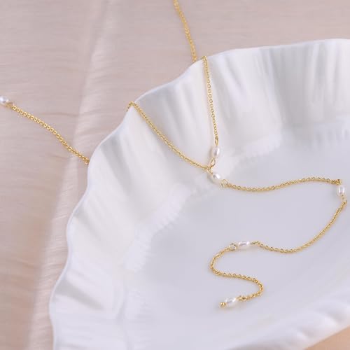 Pearl Necklaces for Women, Dainty Gold Necklace 14K Gold Plated Charm CZ Pearl Pendant Necklace Simple Gold Pearl Choker Necklaces for Women Trendy Wedding Womens Jewelry - color: pearl lariat necklace-gold