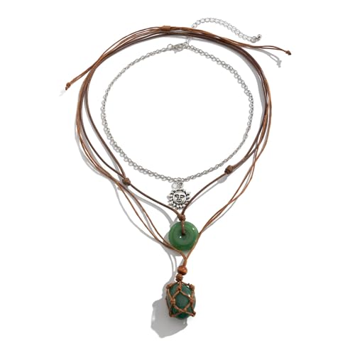 Crystal Holder Necklace for Women Natural Gemstone Crystal Pendant Necklace Handmade Boho Sun Necklace Summer Beach Jewelry Accessories - color: Green