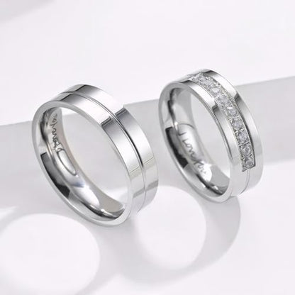 Couple Rings for Him and Her Stainless Steel Matching Promise Ring Princess Cut Bridal Couple Wedding Engagement Bands Cubic Zirconia CZ Band for Women Men Lover Jewelry Gifts Comfort Fit 5-15 - color: B,silver,I LOVE YOU,with zircon,1pc