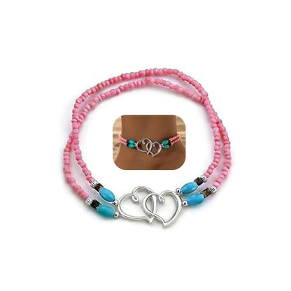 Elastic Beaded Ankle Bracelets for Women Double Heart Layered Stretch Ankle Bracelets Waterproof Dainty Boho Beaded Anklets for Summer Beach Foot Jewelry - color: Pink Silver