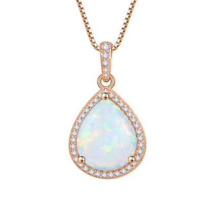FJ Teardrop Pendant Necklace 925 Sterling Silver Birthstone Jewelry for Women - color: 10 October-Opal-Rose Gold