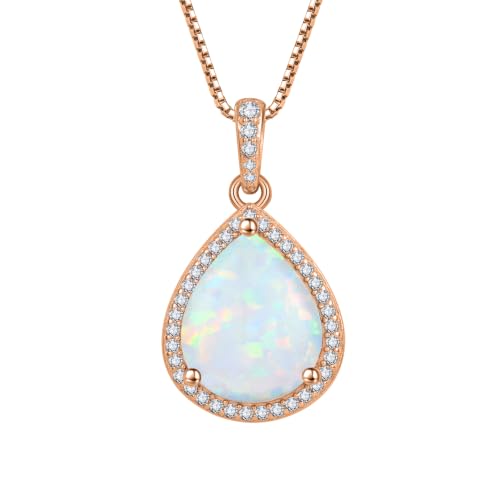 FJ Teardrop Pendant Necklace 925 Sterling Silver Birthstone Jewelry for Women - color: 10 October-Opal-Rose Gold
