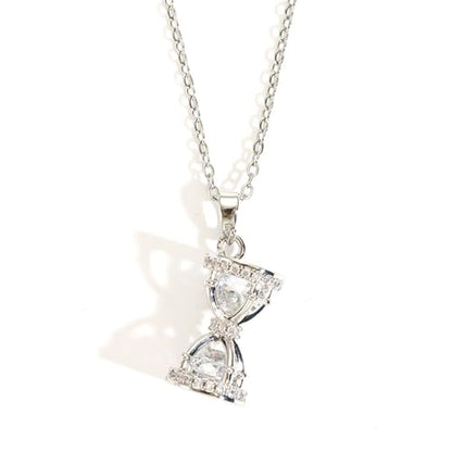 Dtja Dainty CZ Hourglass Pendant Necklace for Women 14K Gold Plated Stainless Steel Crystal Sand Clock Time Arrangement Theme Charms Link Chain Adjustable Necklaces Souvenir Jewelry Gift - color: Silver